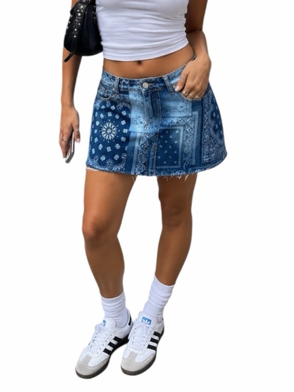 No Boundaries Bandana Print Denim Distressed Mini Skirt Contemporary Streetwear